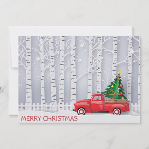 Vintage Truck Red Forest Modern Cut Art Digital Holiday Card