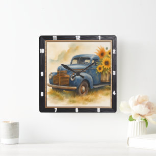 Vintage Truck Sunflower Farm Square Wall Clock