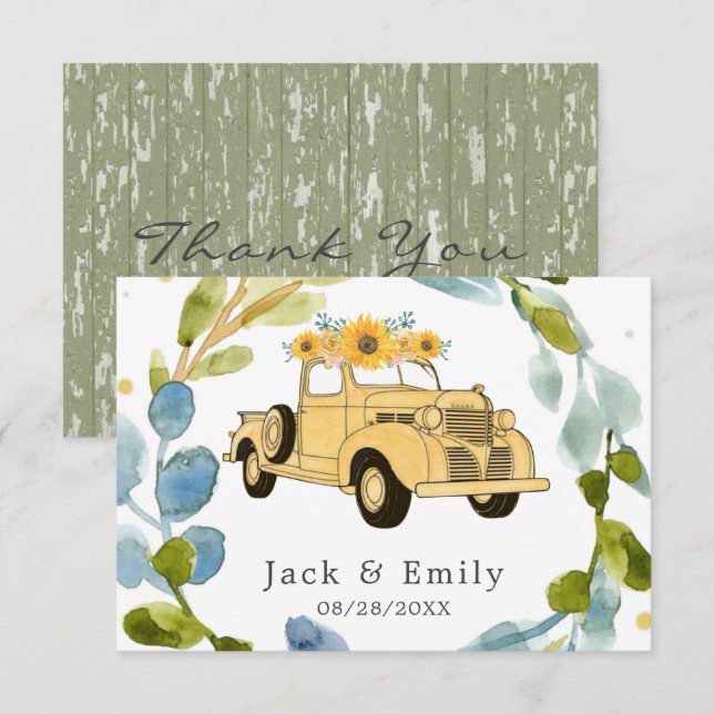 Vintage Truck Sunflowers Wedding Thank You Card (Front/Back)
