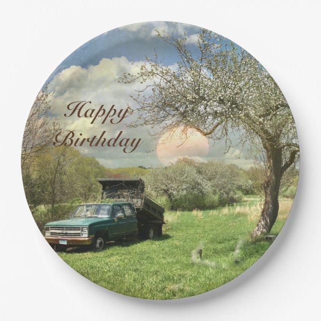 Vintage Truck Sunset Happy Birthday Paper Plates (Front)