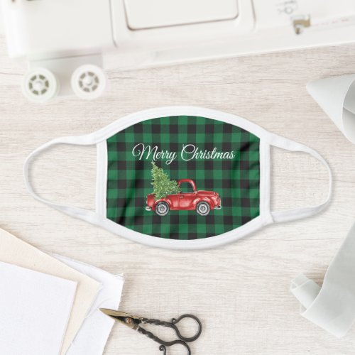 Vintage Truck Tree Green Buffalo Plaid Christmas Face Mask