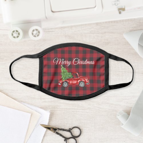 Vintage Truck Tree Merry Christmas Red Plaid Face Mask