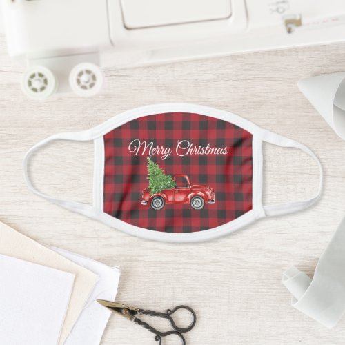 Vintage Truck Tree Red Buffalo Plaid Christmas Face Mask