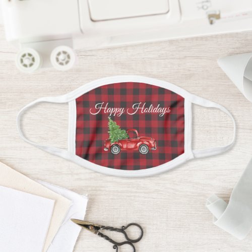 Vintage Truck Tree Red Buffalo Plaid Holiday Face Mask