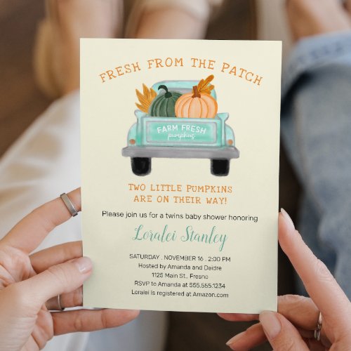 Vintage Truck Two Pumpkins Fall Twins Baby Shower Invitation