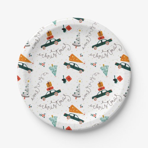 Vintage Truck Winter Green Pine Trees Christmas Paper Plates