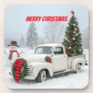 Vintage Truck with Christmas Tree and Snowman Beverage Coaster
