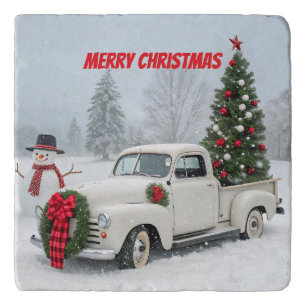 Vintage Truck with Christmas Tree and Snowman Trivet