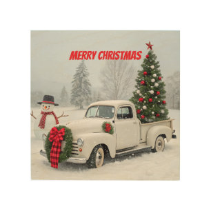 Vintage Truck with Christmas Tree and Snowman Wood Wall Art