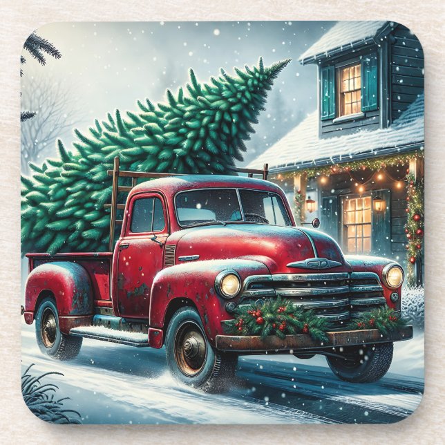 Vintage Truck with Christmas Tree Personalized Beverage Coaster (Front)