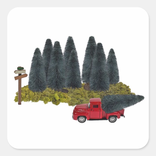 Vintage Truck with Christmas Tree Square Sticker (Front)