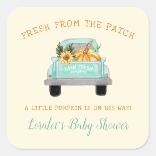 Vintage Truck With Pumpkin Autumn Baby Shower Square Sticker