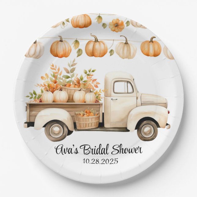 Vintage Truck with Pumpkins Bridal Shower Paper Plates (Front)
