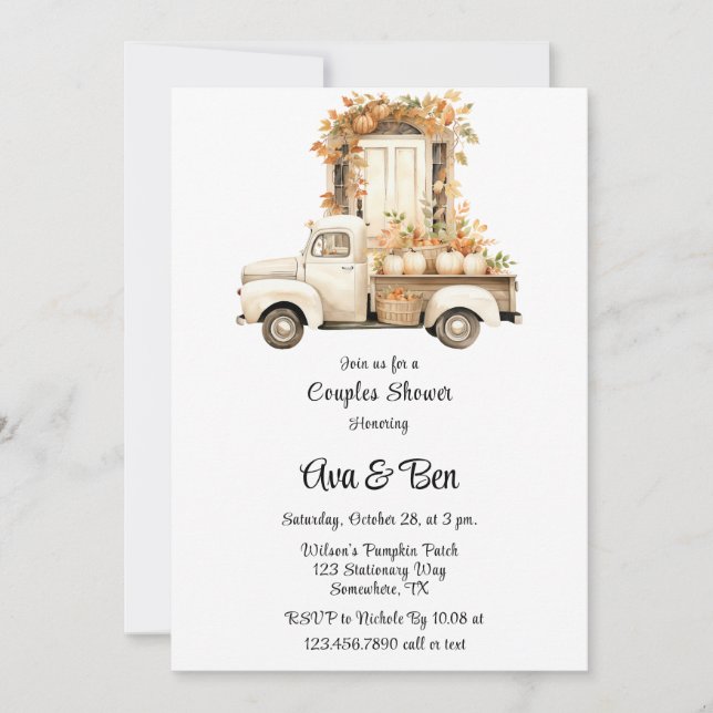 Vintage Truck with Pumpkins Wedding Couples Shower Invitation (Front)