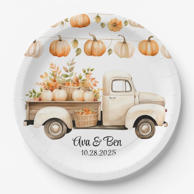 Vintage Truck with Pumpkins Wedding Paper Plates (Front)