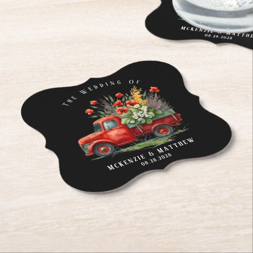 Vintage Truck With Red Poppies Wedding Paper Coaster