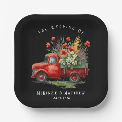 Vintage Truck With Red Poppies Wedding Paper Plates