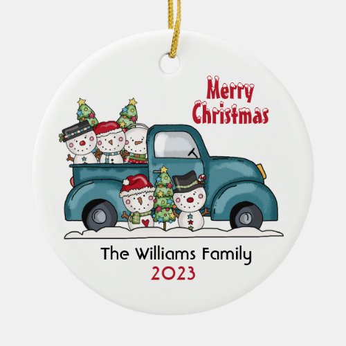 Vintage Truck with Snow Family Christmas  Ceramic Ornament