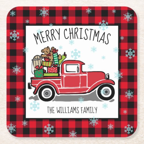 Vintage Truck with Toys Merry Christmas Add Name Square Paper Coaster