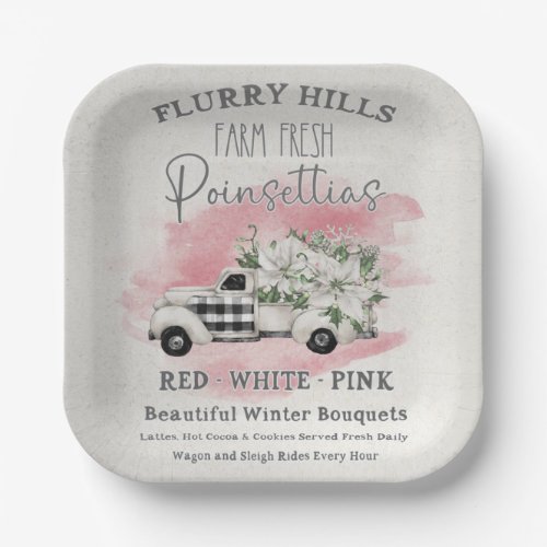 Vintage Truck With White Poinsettia Farm Fresh Pap Paper Plates