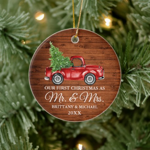 Vintage Truck Wood First Christmas Mr and Mrs Ceramic Ornament