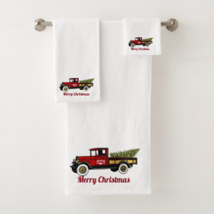 Christmas Red Vintage Truck Buffalo Plaid Add Name Bath Towel Set, Zazzle