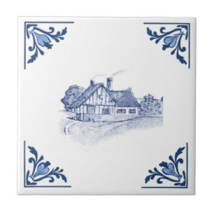 Vintage Tudor House Home Delft Blue & White Ceramic Tile