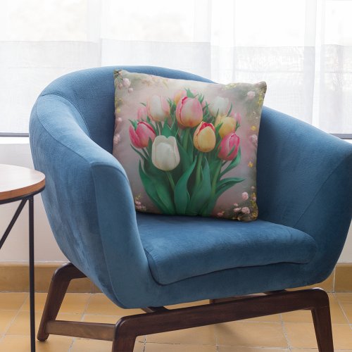 Vintage Tulip Bouquet Throw Pillow