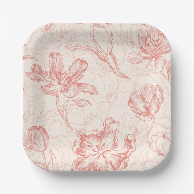 Vintage Tulip Floral Pattern Paper Plates (Front)