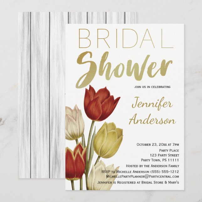 Vintage Tulip Red White Gold Bridal Shower Invitation (Front/Back)
