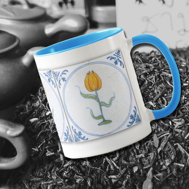 Vintage Tulip Tile Art Blue White Coffee Mug (Creator Uploaded)