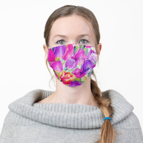 Vintage Tulip Watercolor Floral  Personalized Adult Cloth Face Mask