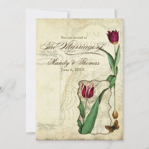 Vintage Tulips Angel Wings Swirl Tea Stained Red Invitation