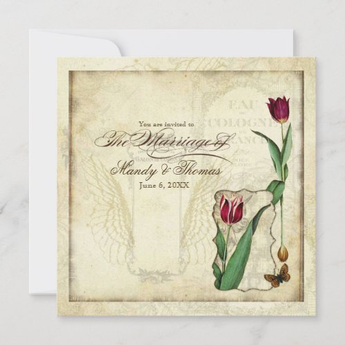 Vintage Tulips Angel Wings Swirl Tea Stained Red Invitation