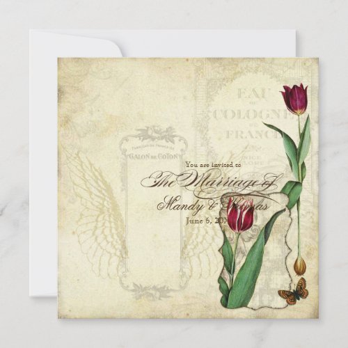 Vintage Tulips Angel Wings Swirl Tea Stained Red Invitation