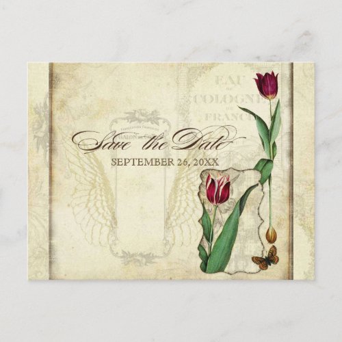 Vintage Tulips Angel Wings Swirl Tea Stained Red Invitation Postcard