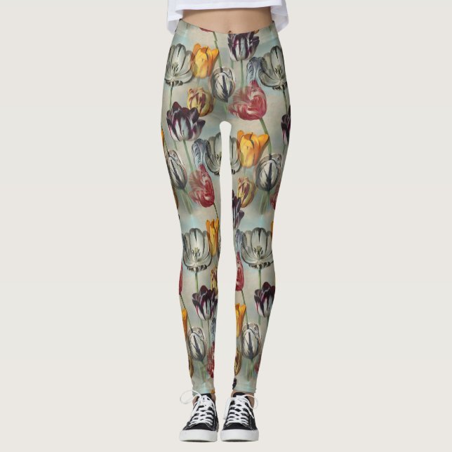 Vintage Tulips Botanical Floral Pattern Leggings (Front)