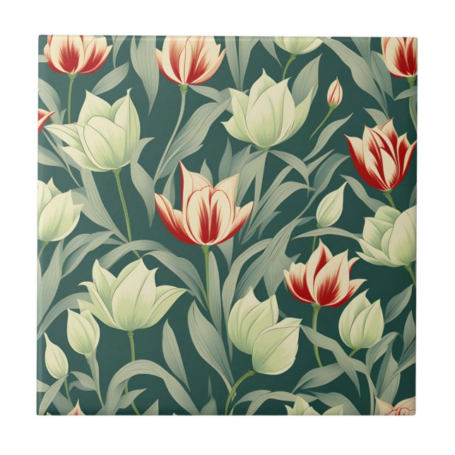Vintage Tulips Botanical Pattern Ceramic Tile (Front)