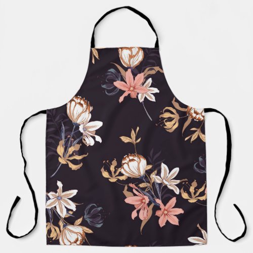 Vintage tulips dark purple background apron