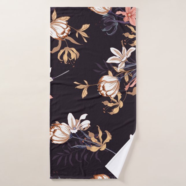 Vintage tulips, dark purple background bath towel (Bath Towel)