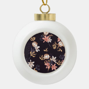 Vintage tulips, dark purple background ceramic ball christmas ornament