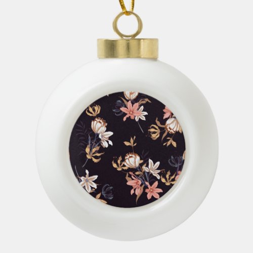 Vintage tulips dark purple background ceramic ball christmas ornament