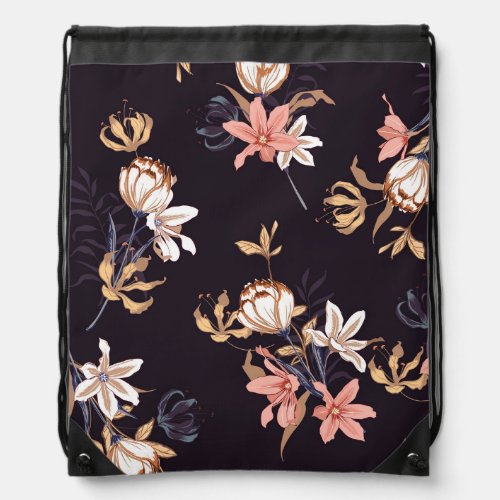 Vintage tulips dark purple background drawstring bag