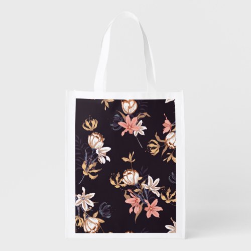 Vintage tulips dark purple background grocery bag