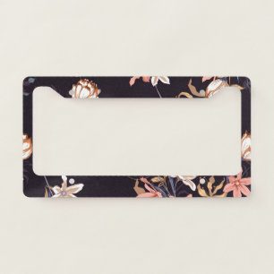Vintage tulips, dark purple background license plate frame