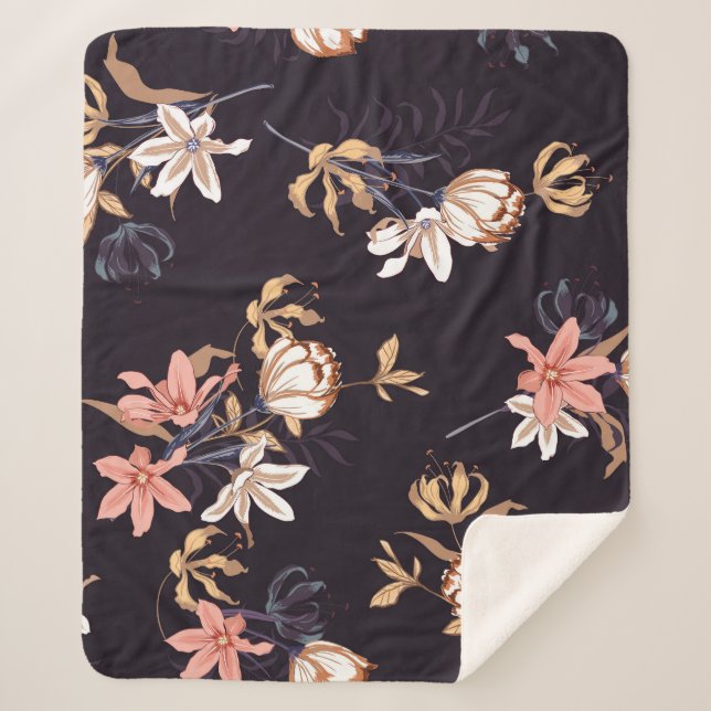 Vintage tulips, dark purple background sherpa blanket (Front)