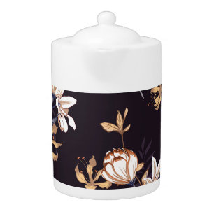Vintage tulips, dark purple background teapot