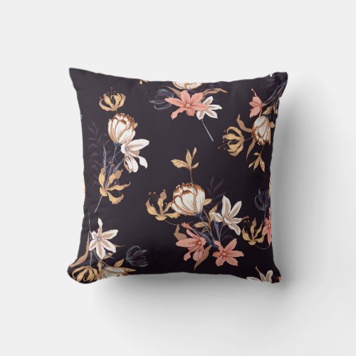 Vintage tulips dark purple background throw pillow