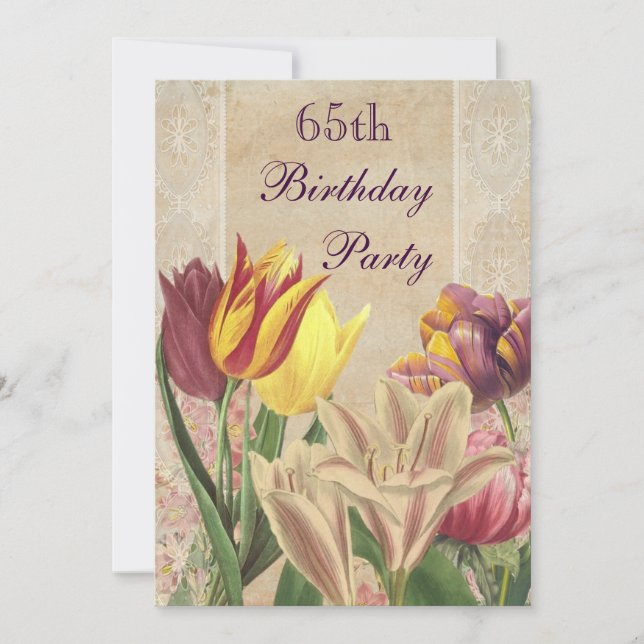 Vintage Tulips & Lilies 65th Birthday Invitation (Front)