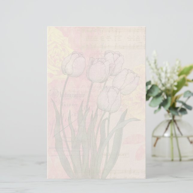 Vintage Tulips on Floral Background Stationery (Standing Front)